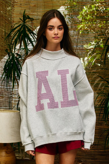 BucketList 'AL' Striped Embroidered Mock Neck Sweatshirt in Ash Grey