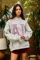 BucketList 'AL' Striped Embroidered Mock Neck Sweatshirt in Ash Grey