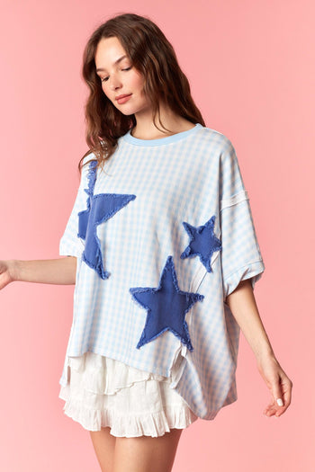 Peach Love Gingham Knit Top with Star Patched Front in Light Blue/Royal