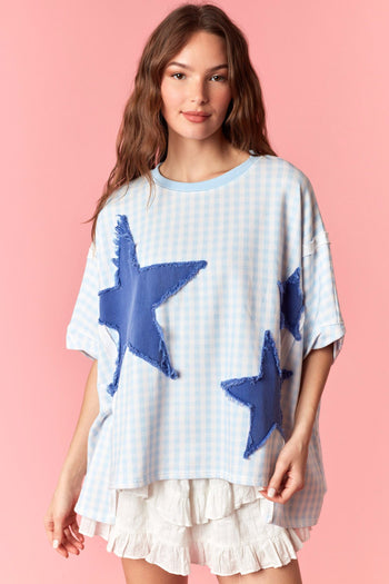 Peach Love Gingham Knit Top with Star Patched Front in Light Blue/Royal