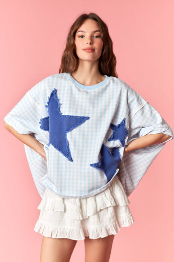Peach Love Gingham Knit Top with Star Patched Front in Light Blue/Royal