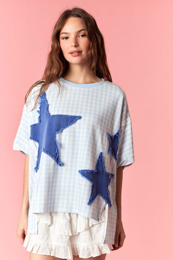Peach Love Gingham Knit Top with Star Patched Front in Light Blue/Royal