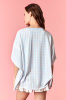Peach Love Gingham Knit Top with Star Patched Front in Light Blue/Royal