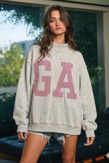 BucketList 'GA' Striped Embroidered Mock Neck Sweatshirt in Ash Grey