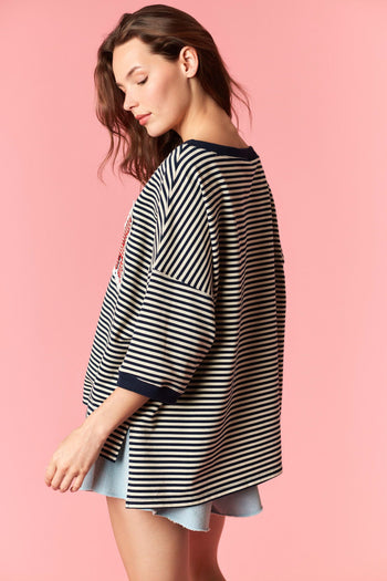 Peach Love Striped Knit and Gingham USA Patched Top in Navy/Cream