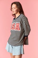 Load image into Gallery viewer, Peach Love Striped Knit and Gingham USA Patched Top in Navy/Cream
