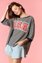Load image into Gallery viewer, Peach Love Striped Knit and Gingham USA Patched Top in Navy/Cream
