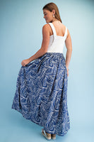 GiGio Marbled Print Mixed Fabric Overall Dress in Navy Combo