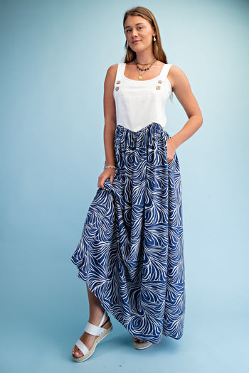 GiGio Marbled Print Mixed Fabric Overall Dress in Navy Combo
