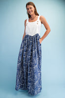 GiGio Marbled Print Mixed Fabric Overall Dress in Navy Combo