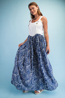 GiGio Marbled Print Mixed Fabric Overall Dress in Navy Combo