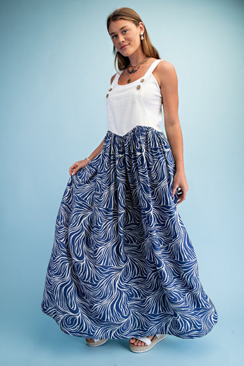GiGio Marbled Print Mixed Fabric Overall Dress in Navy Combo