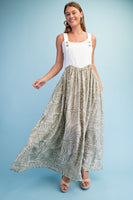 GiGio Marbled Print Mixed Fabric Overall Dress in Green Combo