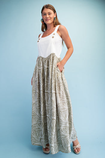 GiGio Marbled Print Mixed Fabric Overall Dress in Green Combo