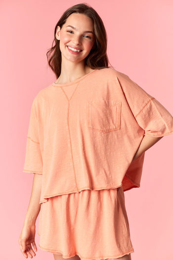 Peach Love Garment Dyed Slub Jersey Crop Top And Skort Set Orange