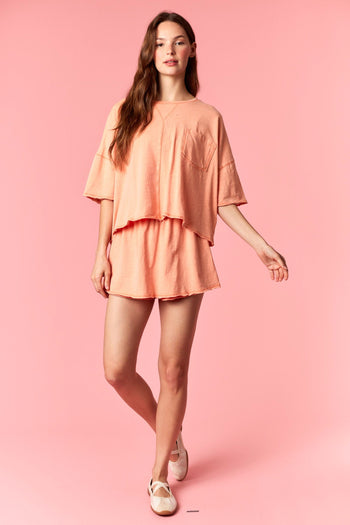 Peach Love Garment Dyed Slub Jersey Crop Top And Skort Set Orange