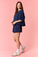 Peach Love Garment Dyed Slub Jersey Crop Top And Skort Set Navy