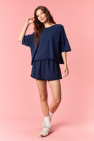 Peach Love Garment Dyed Slub Jersey Crop Top And Skort Set Navy