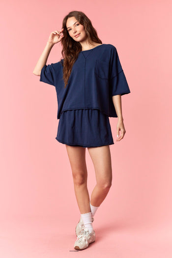 Peach Love Garment Dyed Slub Jersey Crop Top And Skort Set Navy
