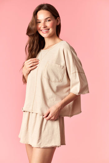 Peach Love Garment Dyed Slub Jersey Crop Top And Skort Set Beige