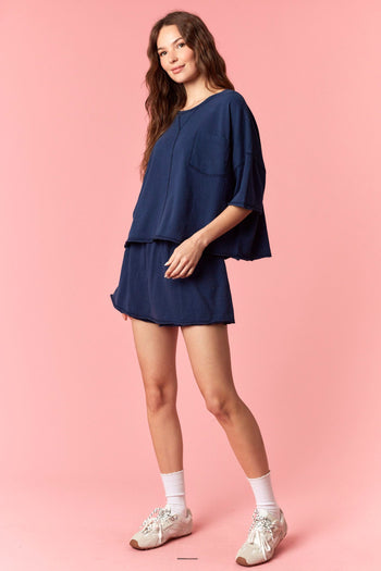 Peach Love Garment Dyed Slub Jersey Crop Top And Skort Set Navy