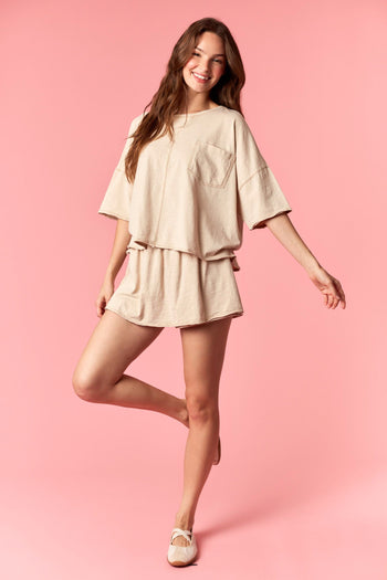 Peach Love Garment Dyed Slub Jersey Crop Top And Skort Set Beige