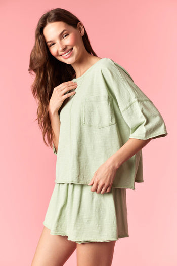 Peach Love Garment Dyed Slub Jersey Crop Top And Skort Set Olive