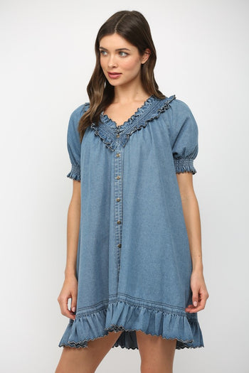 Fate Ruffled V-neck Short Puff Sleeve Mini Dress in Blue
