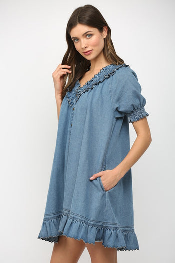 Fate Ruffled V-neck Short Puff Sleeve Mini Dress in Blue