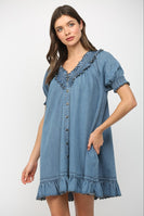 Fate Ruffled V-neck Short Puff Sleeve Mini Dress in Blue