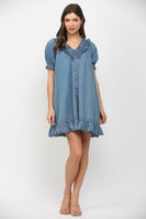 Fate Ruffled V-neck Short Puff Sleeve Mini Dress in Blue