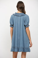 Fate Ruffled V-neck Short Puff Sleeve Mini Dress in Blue
