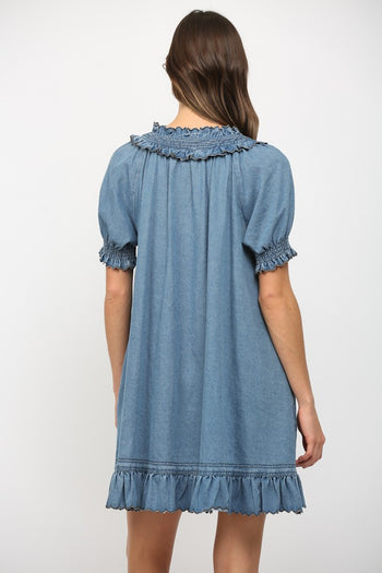 Fate Ruffled V-neck Short Puff Sleeve Mini Dress in Blue