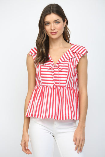 Fate Stripe Print Sailor Style Collar Tie Neckline Peplum Top in Red