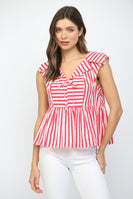 Fate Stripe Print Sailor Style Collar Tie Neckline Peplum Top in Red