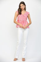 Fate Stripe Print Sailor Style Collar Tie Neckline Peplum Top in Red