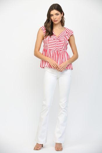 Fate Stripe Print Sailor Style Collar Tie Neckline Peplum Top in Red