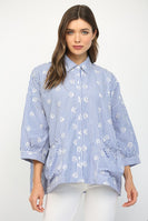 FATE Embroidery Detailed Stripe Button Down Top in White Blue