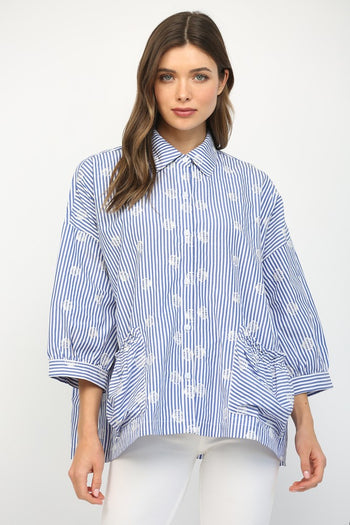 FATE Embroidery Detailed Stripe Button Down Top in White Blue
