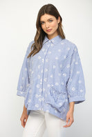 FATE Embroidery Detailed Stripe Button Down Top in White Blue