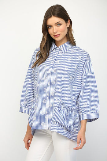 FATE Embroidery Detailed Stripe Button Down Top in White Blue