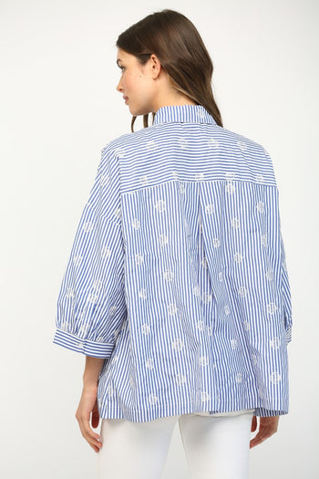 FATE Embroidery Detailed Stripe Button Down Top in White Blue