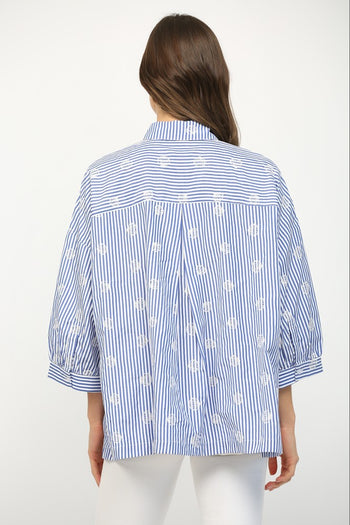 FATE Embroidery Detailed Stripe Button Down Top in White Blue
