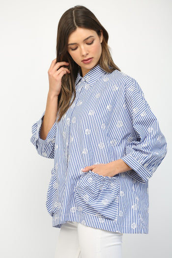 FATE Embroidery Detailed Stripe Button Down Top in White Blue