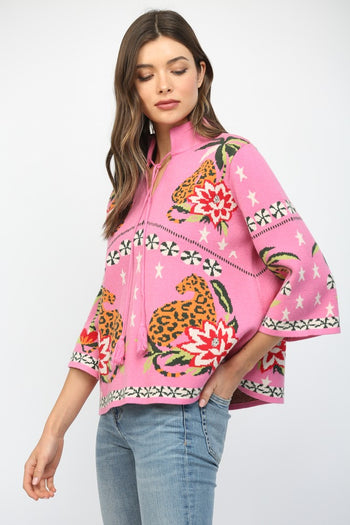 Fate Front Neck Tie Print Knit Sweater in Pink Multi ON ORDER