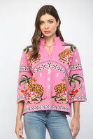 Fate Front Neck Tie Print Knit Sweater in Pink Multi ON ORDER