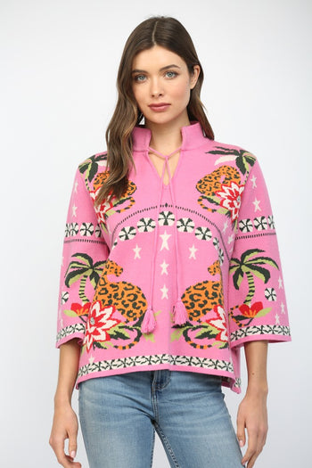 Fate Front Neck Tie Print Knit Sweater in Pink Multi ON ORDER