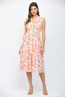 FATE Front Zip Floral Print Midi Dress in Cream Multi