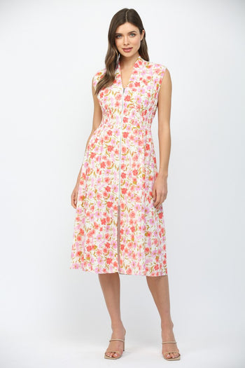 FATE Front Zip Floral Print Midi Dress in Cream Multi