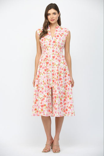 FATE Front Zip Floral Print Midi Dress in Cream Multi